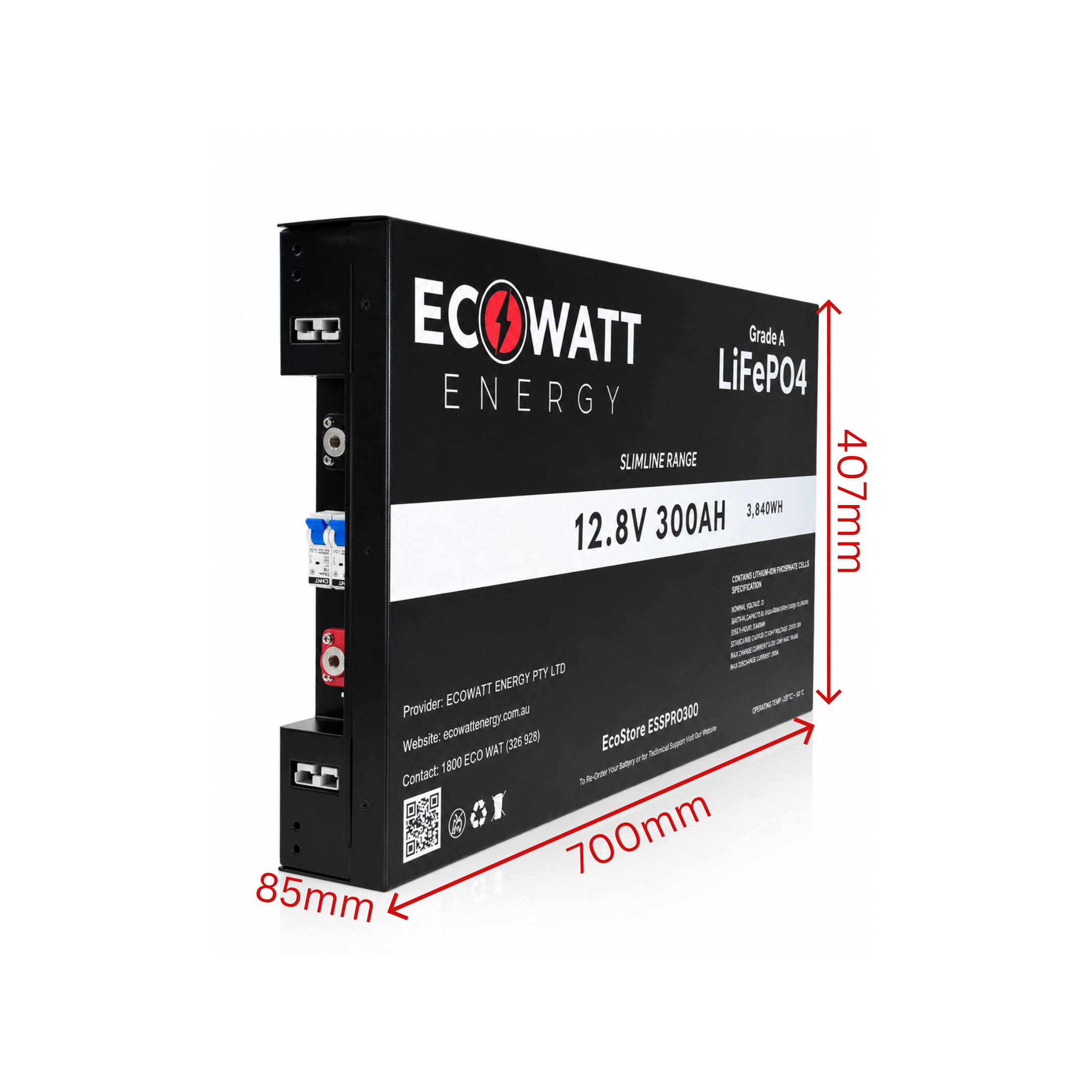 EcoStore Slimline PRO 300Ah 12V LiFePO4 Battery - (EVE Cells & JBD Bluetooth BMS)